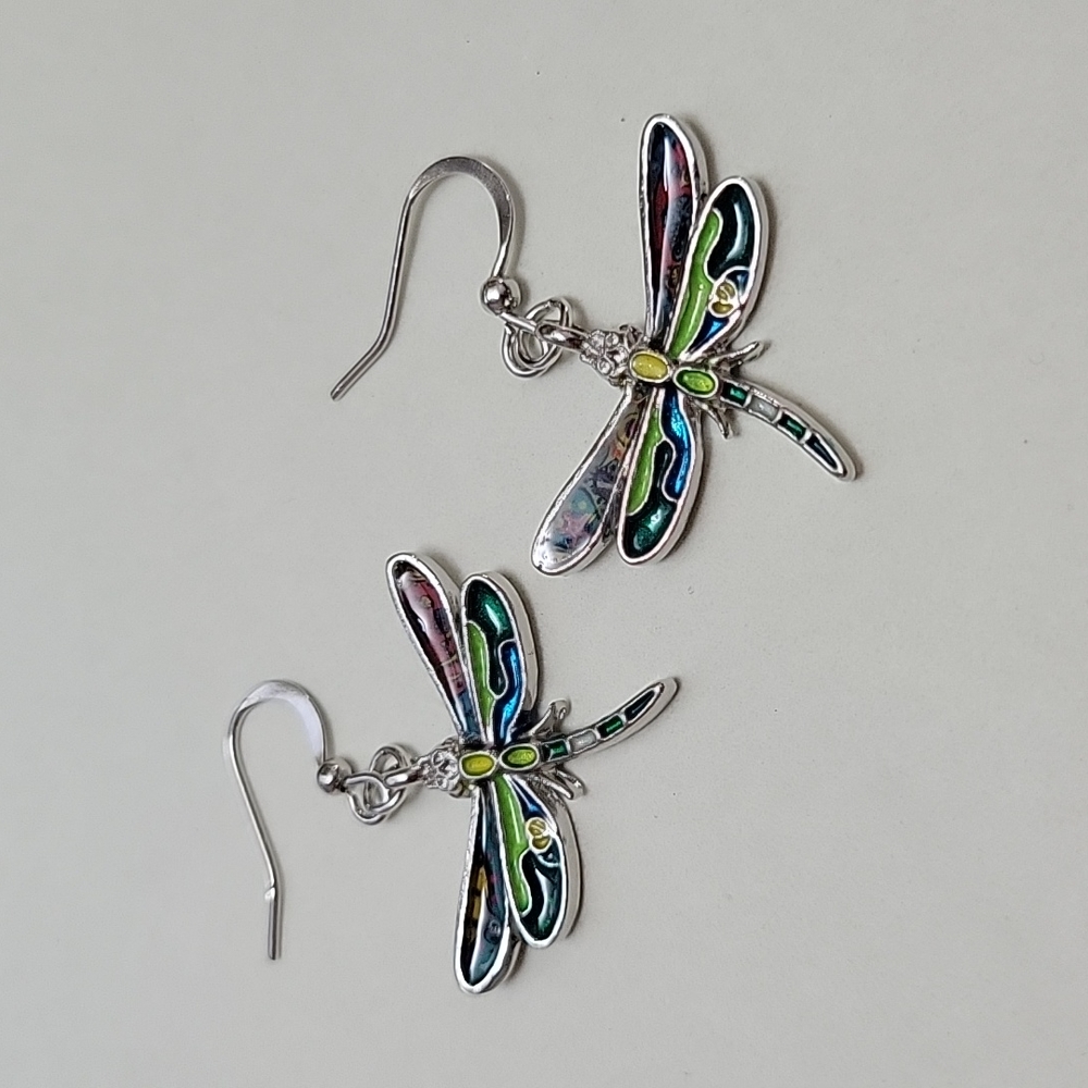 Mosaic Dragonfly Enamel and Silver Drop Earrings - Picture 8 of 8